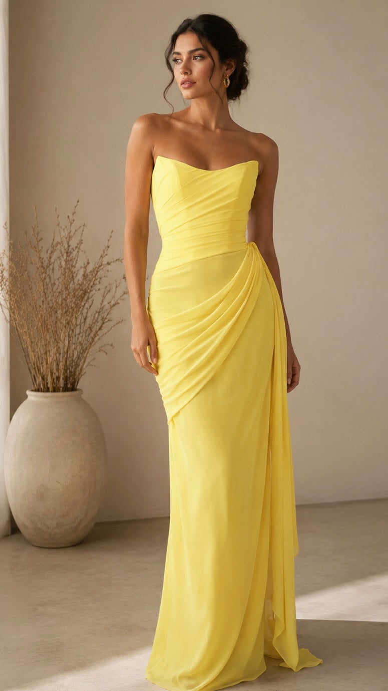 VESTIDO CHIFÓN Strapless Butter Yellow