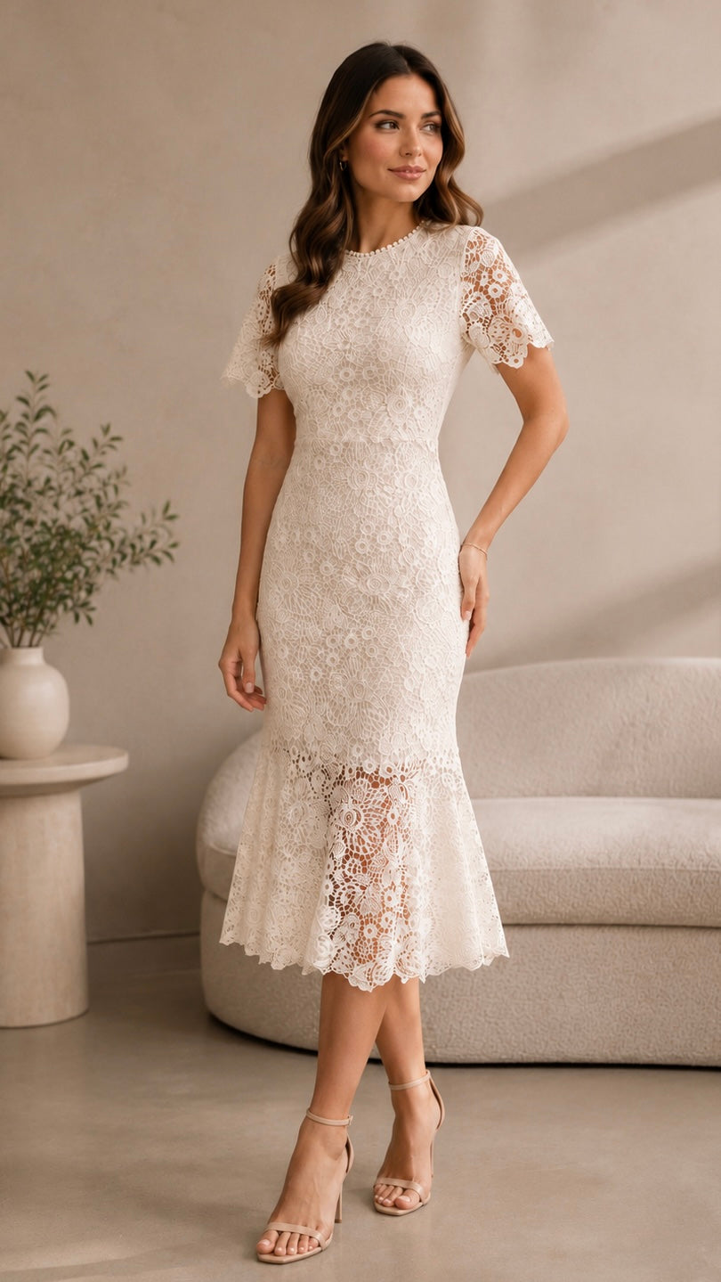 VESTIDO ENCAJE MIDI Beige